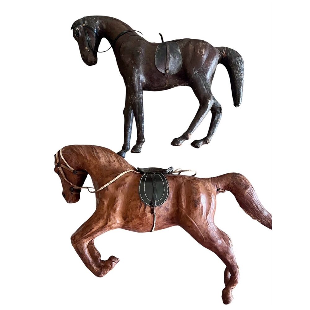 Vintage Leather-Wrapped Horse Figurines Set of 2